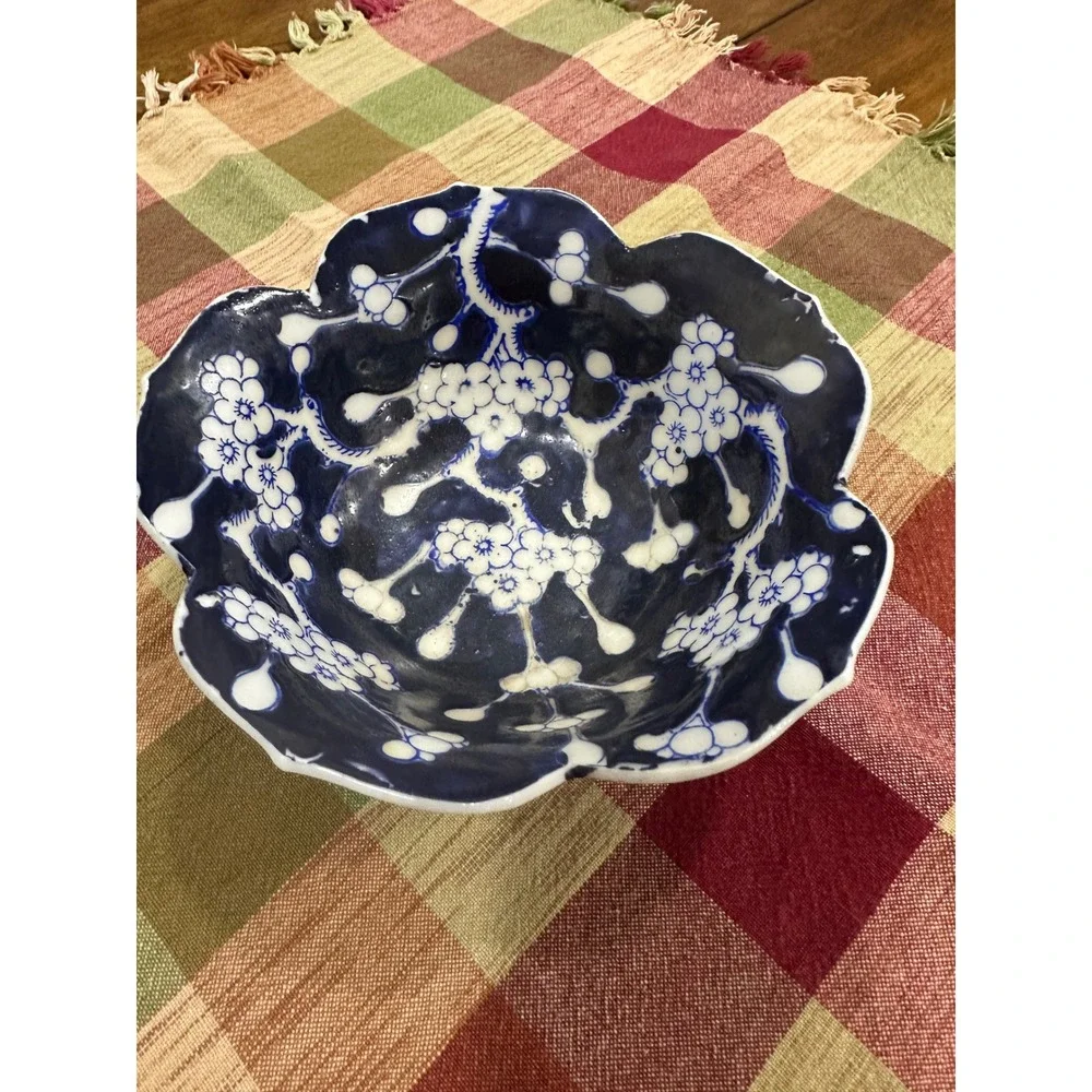 Vintage Japanese Cobalt Flow Blue Cherry Blossom Scalloped Porcelain Bowl